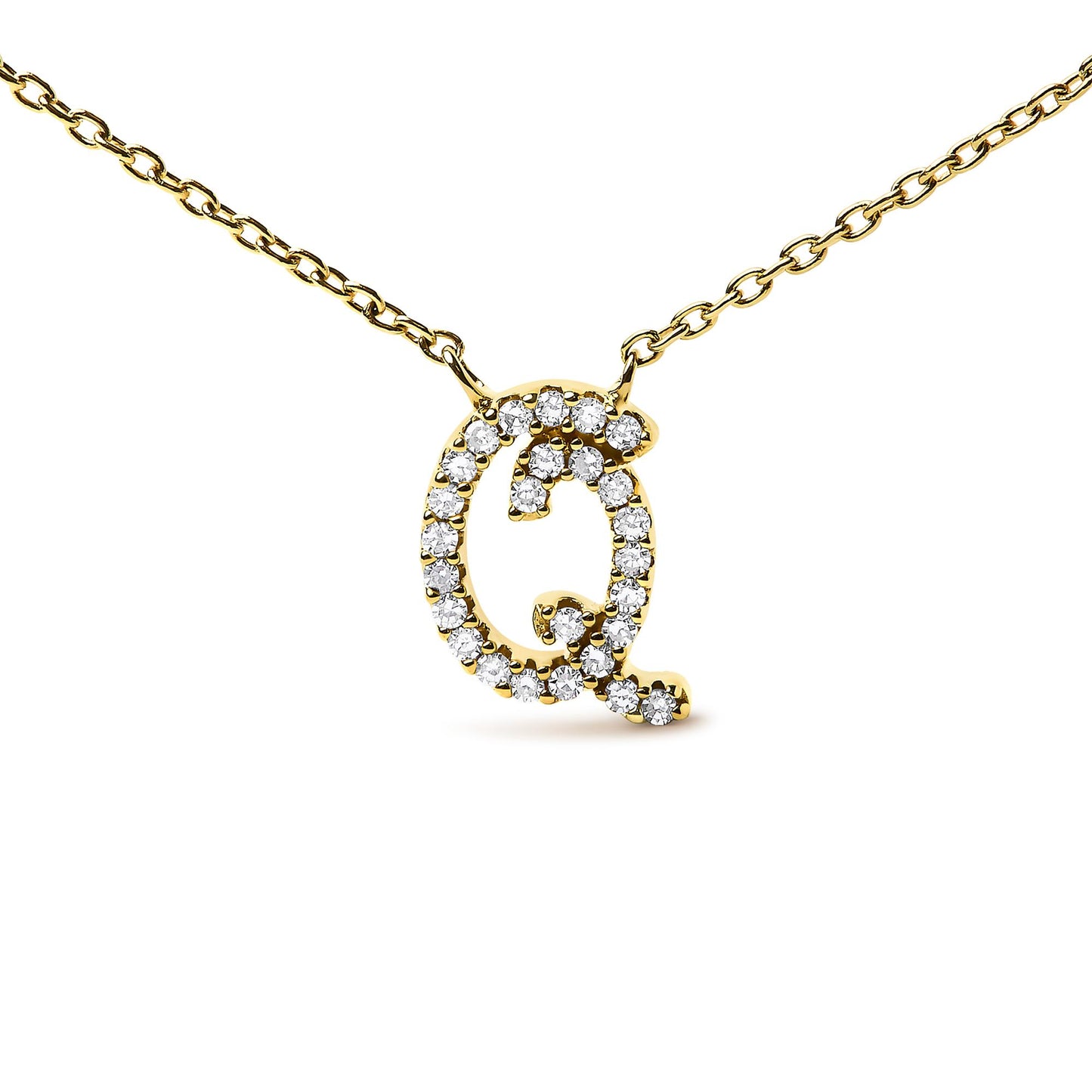 Close-up front angle of a yellow metal necklace with a pendant shaped as the letter Q, adorned with round white gemstones in a micro-pave setting.