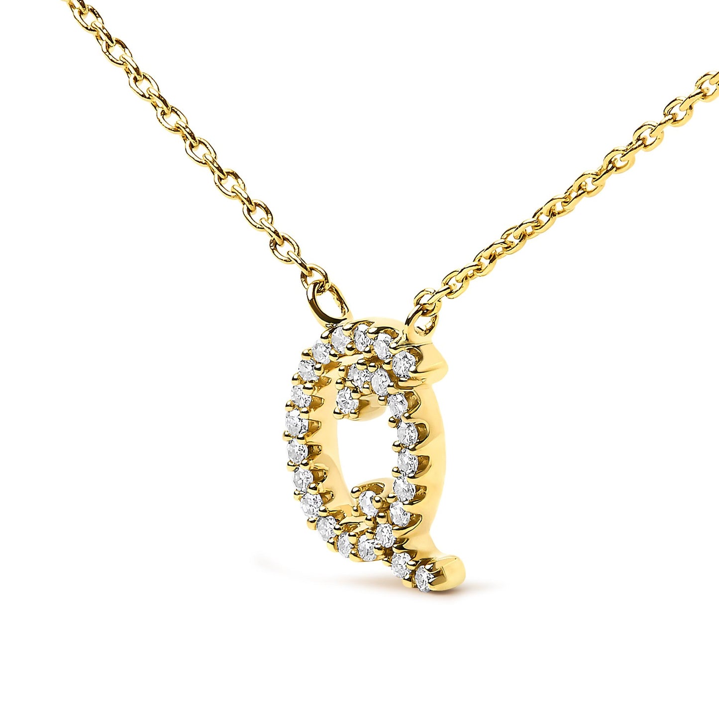 Close-up front angle of a yellow metal necklace with a pendant shaped like the letter Q, adorned with round white gemstones in a micro-pave setting.