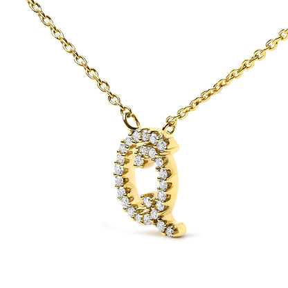 Close-up front angle of a yellow metal necklace with a pendant shaped like the letter Q, adorned with round white gemstones in a micro-pave setting.