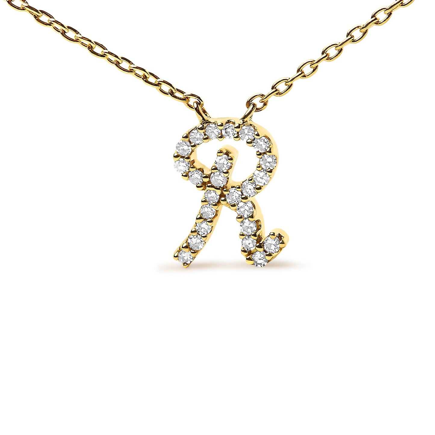 Front view of a yellow metal necklace with a pendant shaped like the letter 'R' adorned with round white gemstones in a micro-pave setting.