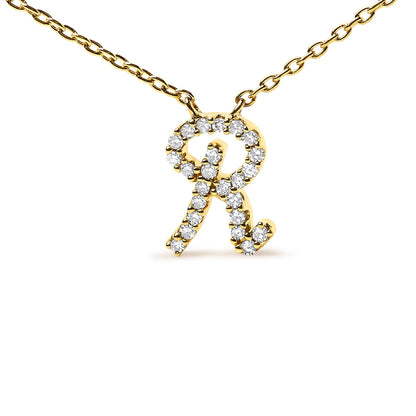 Front view of a yellow metal necklace with a pendant shaped like the letter 'R' adorned with round white gemstones in a micro-pave setting.