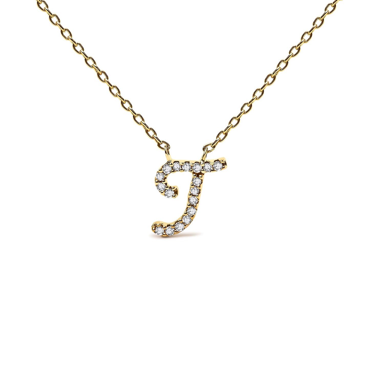 Close-up front angle of a yellow metal necklace with a pendant shaped like the letter 'J' adorned with round white gemstones in a micro-pave setting.
