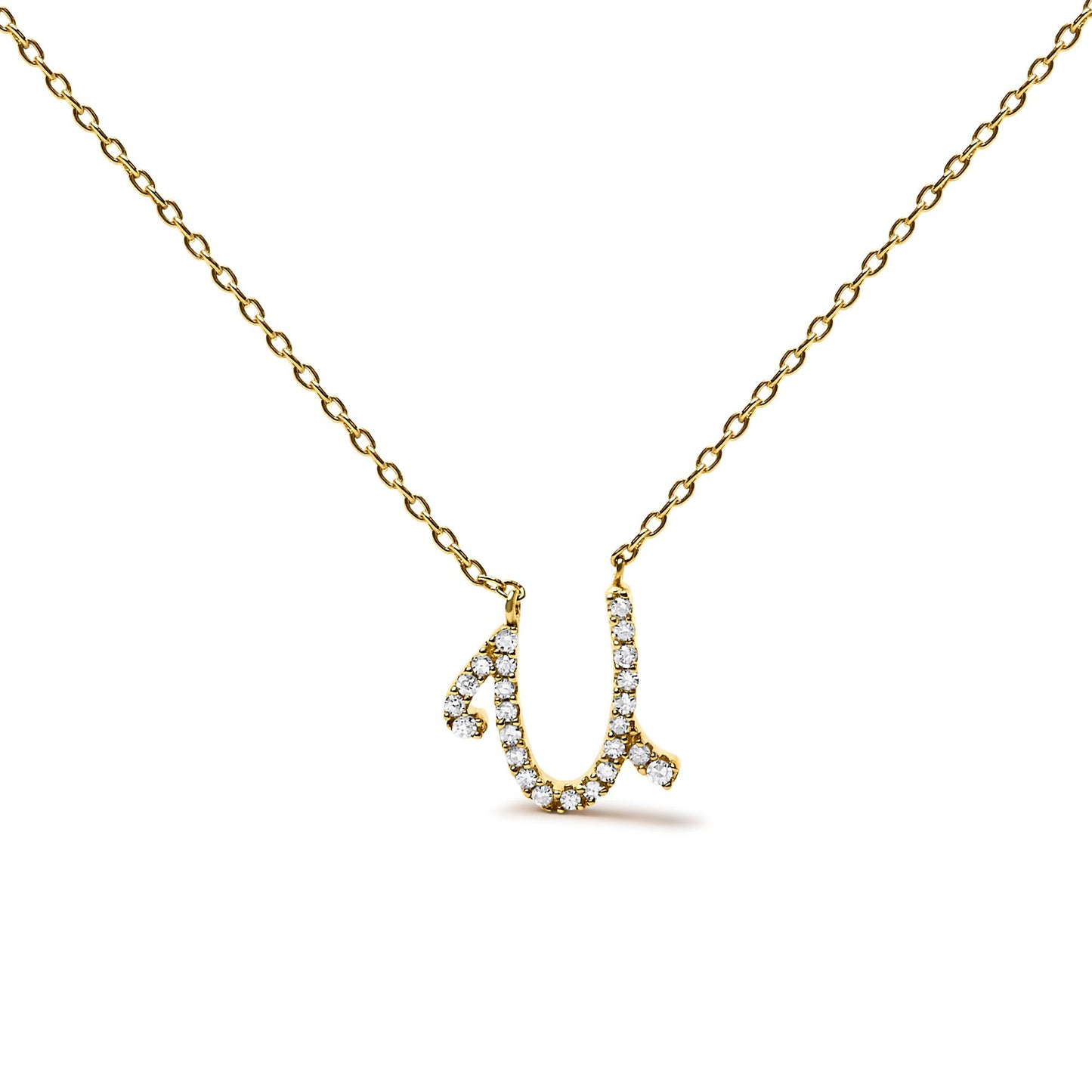 Close-up front view of a yellow metal necklace with a letter-shaped pendant adorned with round white gemstones in a micro-pave setting.