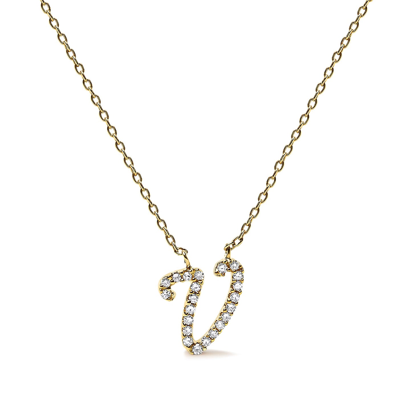 Front view of a yellow necklace with a pendant shaped like the letter 'V' adorned with small white gemstones in a micro-pave setting.