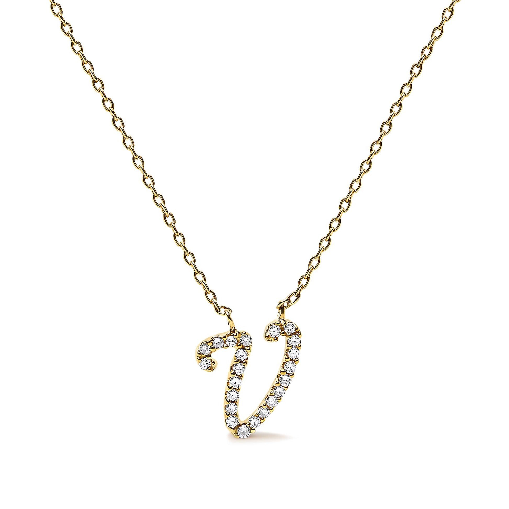 Front view of a yellow necklace with a pendant shaped like the letter 'V' adorned with small white gemstones in a micro-pave setting.