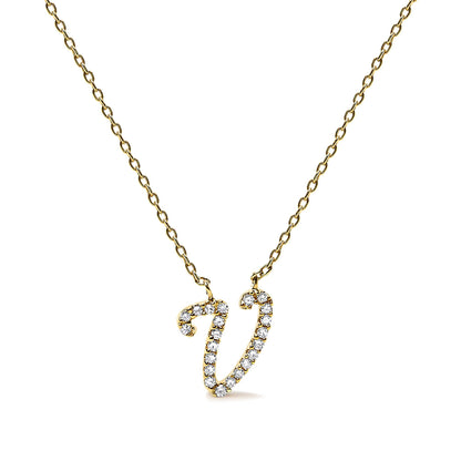 Front view of a yellow necklace with a pendant shaped like the letter 'V' adorned with small white gemstones in a micro-pave setting.
