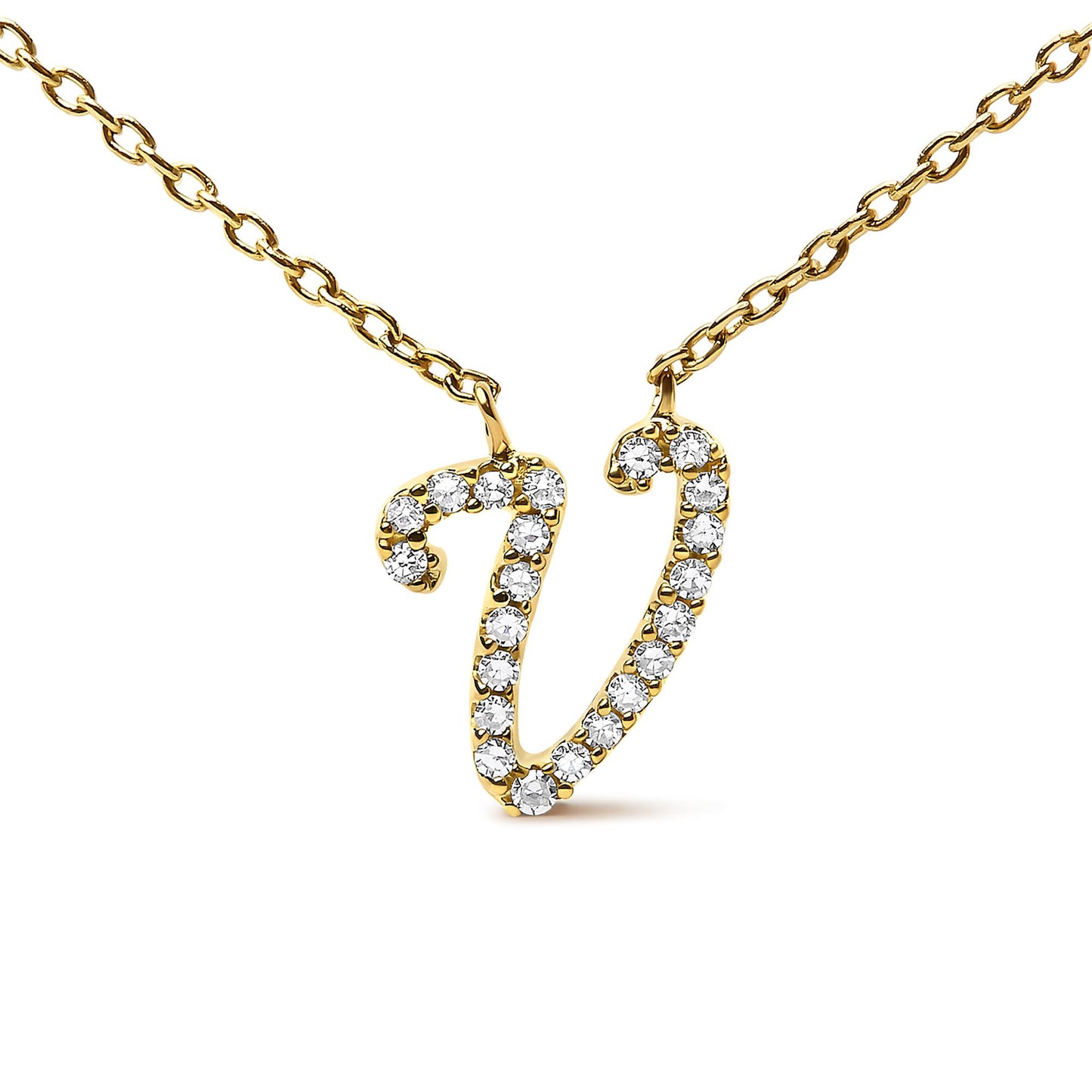 Close-up front angle of a yellow metal necklace featuring a pendant in the shape of the letter 'V' encrusted with round white gemstones in a micro-pave setting.