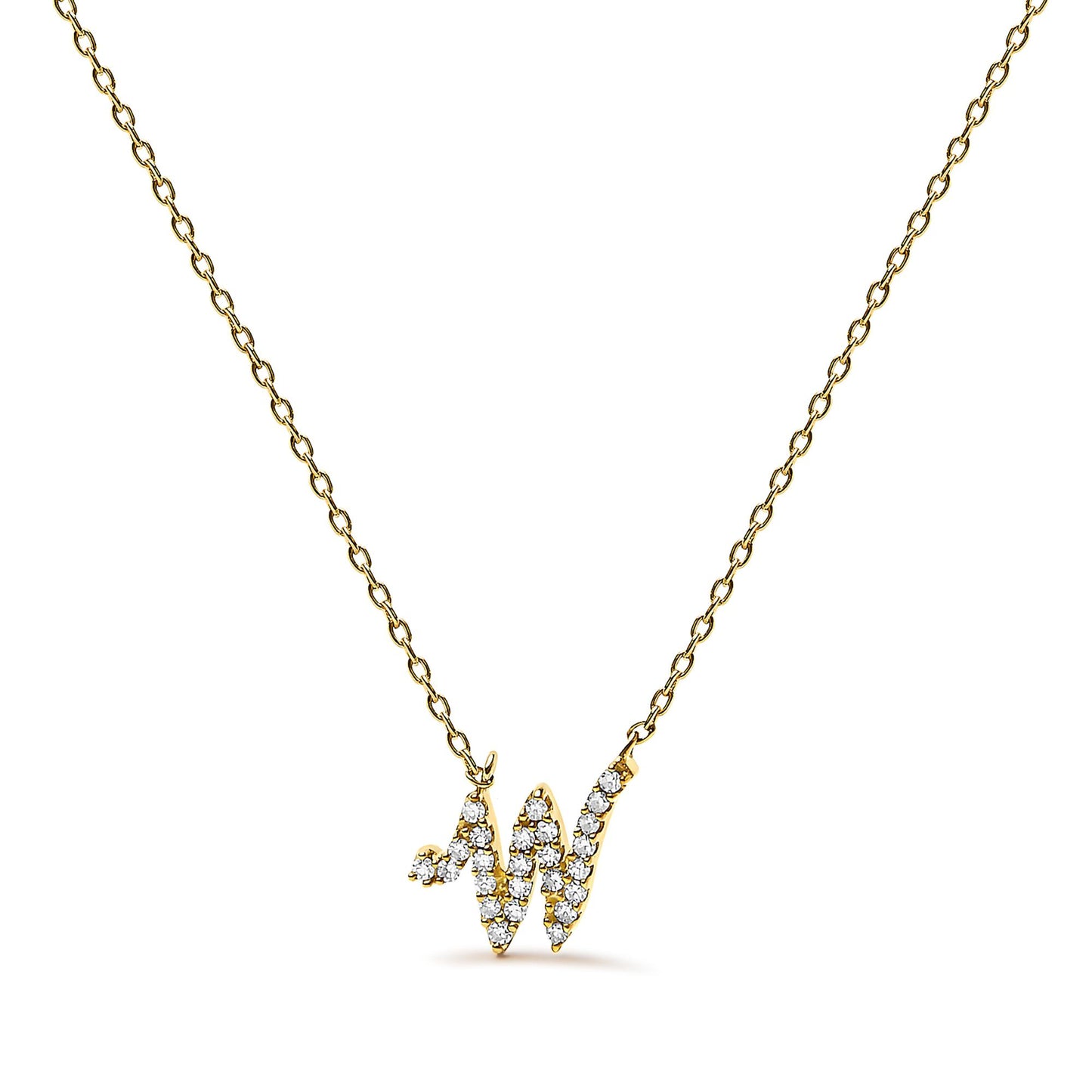 Yellow metal necklace with a pendant shaped like a stylized letter 'W' adorned with small white gemstones, shown from the front on a white background.