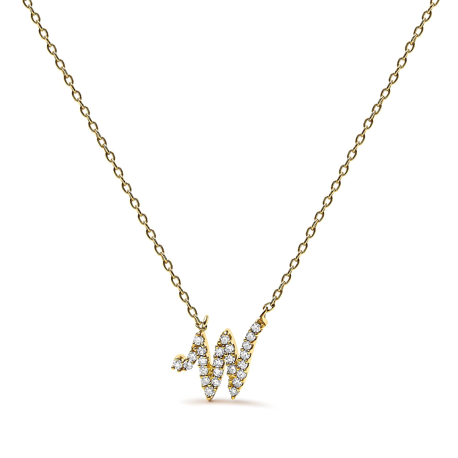 Yellow metal necklace with a pendant shaped like a stylized letter 'W' adorned with small white gemstones, shown from the front on a white background.