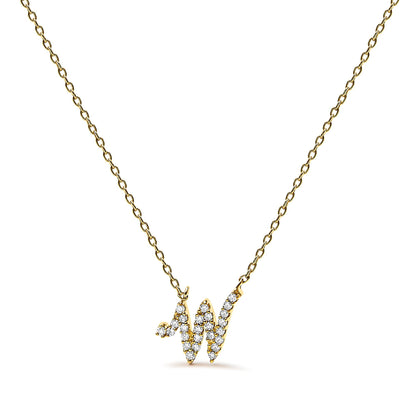 Yellow metal necklace with a pendant shaped like a stylized letter 'W' adorned with small white gemstones, shown from the front on a white background.