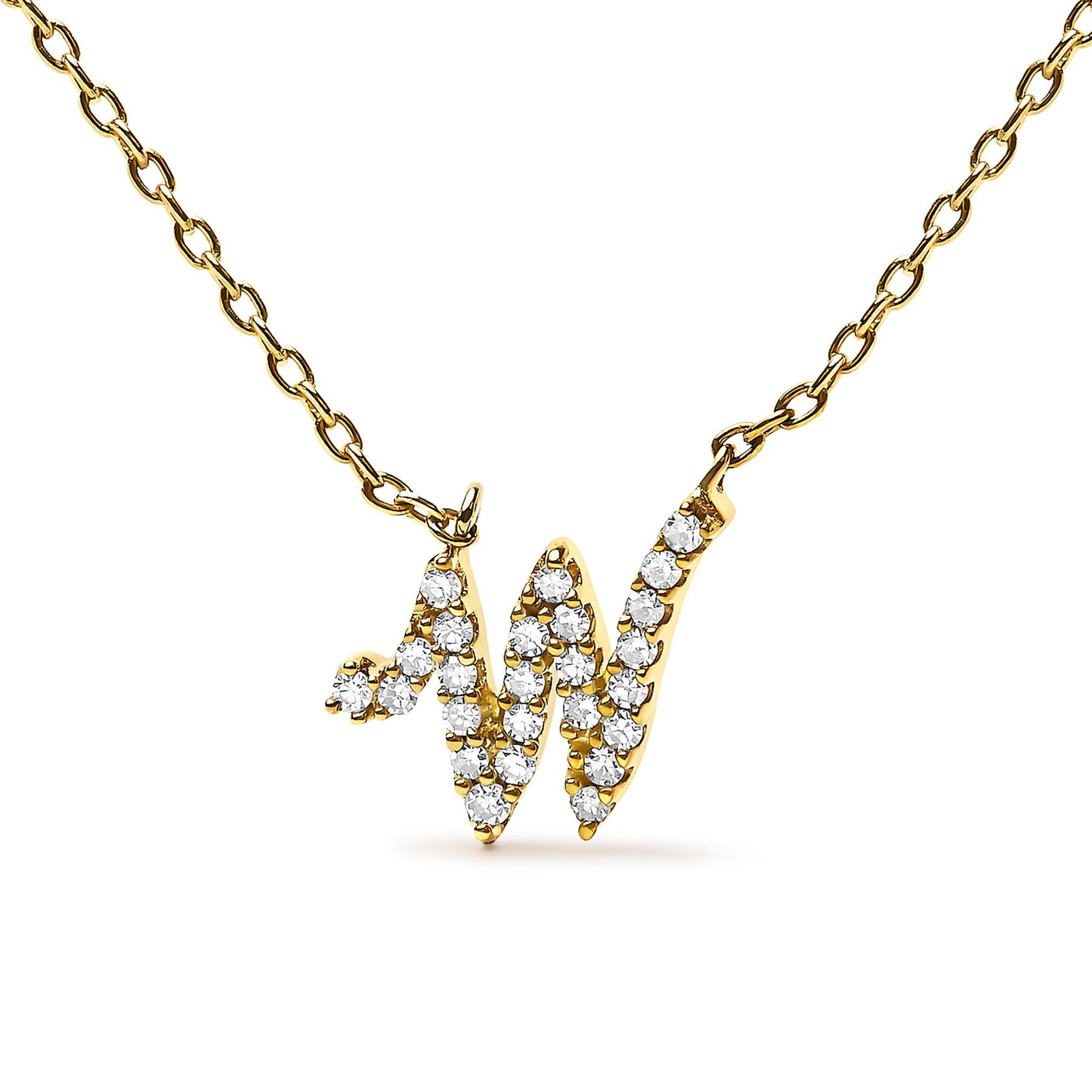 Close-up front view of a yellow necklace with a pendant shaped as a cursive letter 'W' adorned with round white gemstones in a micro-pave setting.