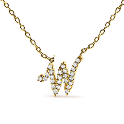 Close-up front view of a yellow necklace with a pendant shaped as a cursive letter 'W' adorned with round white gemstones in a micro-pave setting.