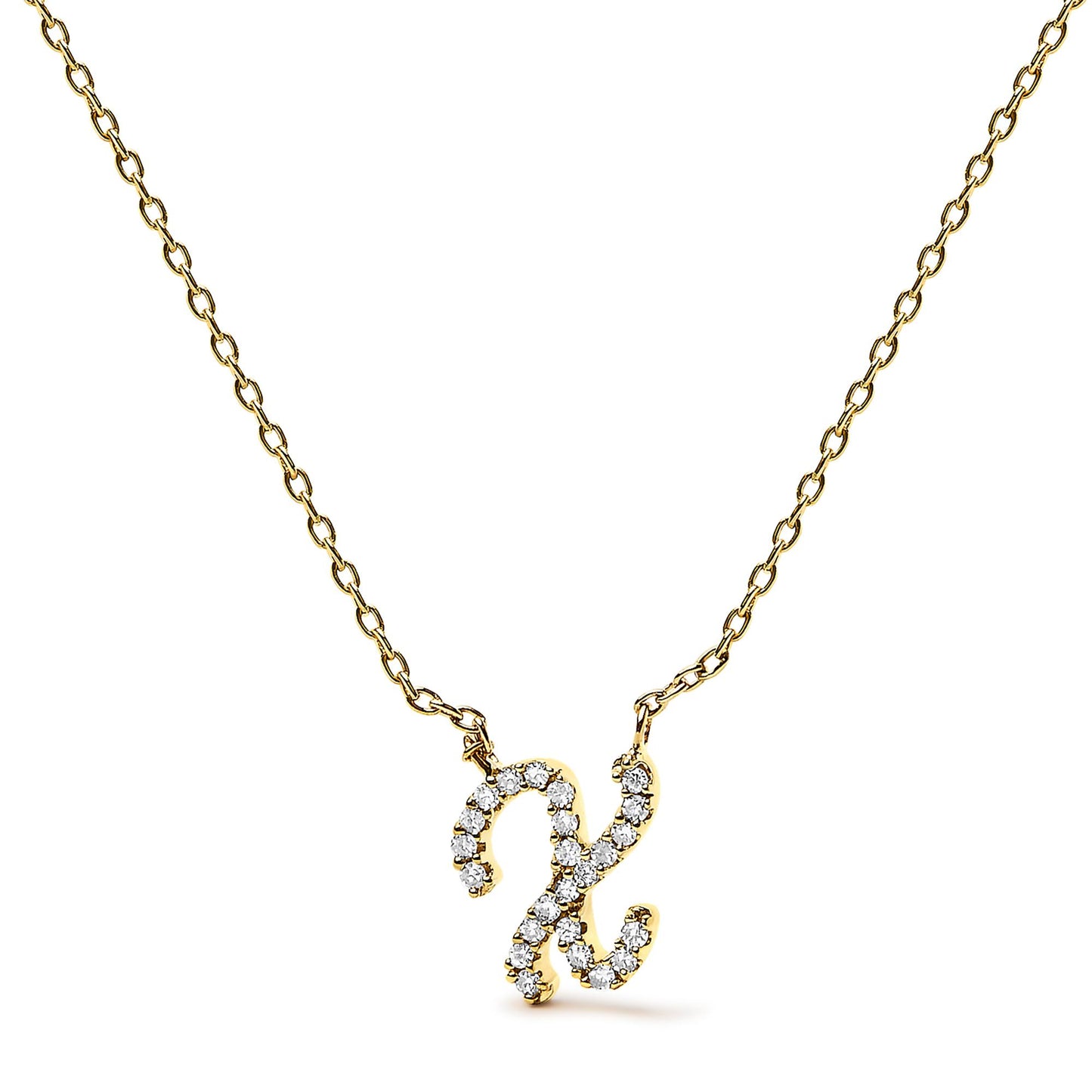 Front view of a yellow necklace with a pendant in the shape of the letter 'X' adorned with small white gemstones in a micro-pave setting.