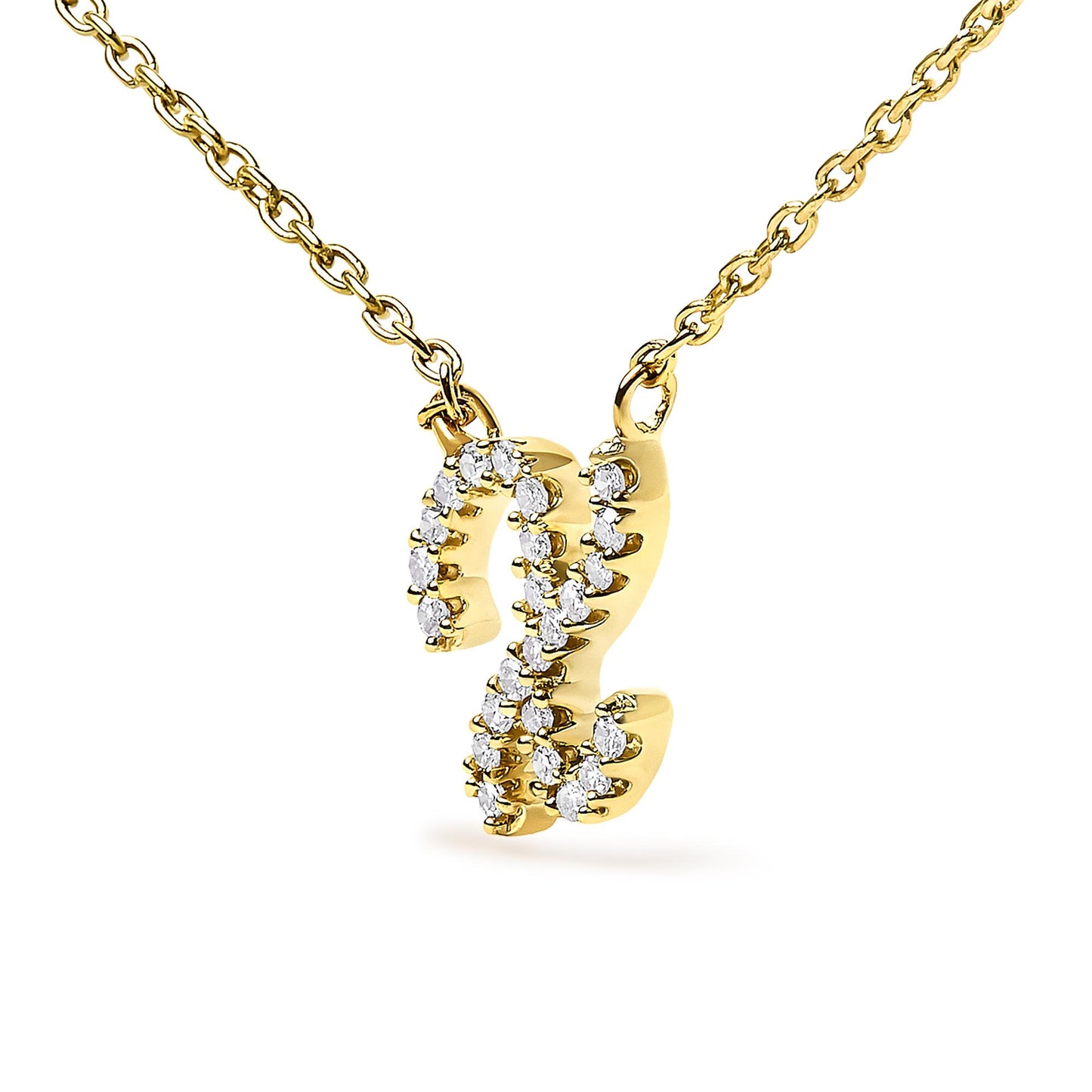 Close-up front angle of a yellow metal necklace pendant shaped like the letter 'Z,' adorned with round white gemstones in a micro-pave setting, shown on a white background.