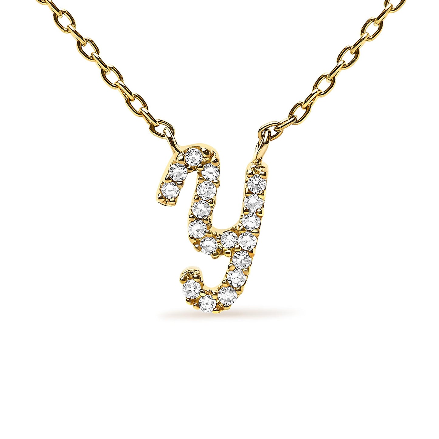 Close-up front view of a yellow metal necklace with a lowercase letter 'y' pendant set with round white gemstones in a micro-pave setting.