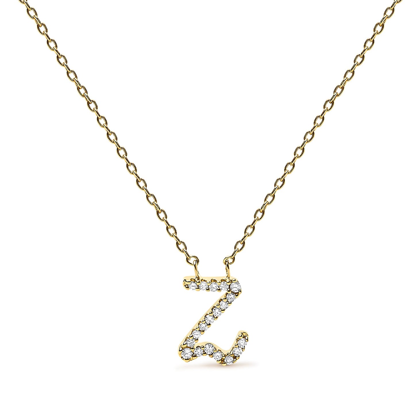 Front-facing close-up of a yellow metal necklace with a pendant shaped like the letter 'Z,' adorned with small round white gemstones in a micro-pave setting.