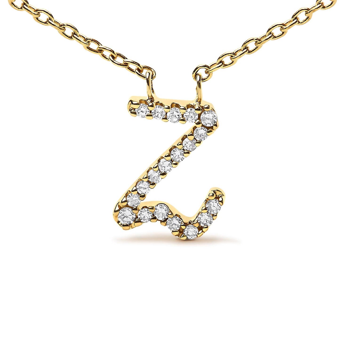 Close-up front view of a yellow metal necklace pendant in the shape of the letter Z, adorned with round white gemstones in a micro-pave setting, displayed on a white background.