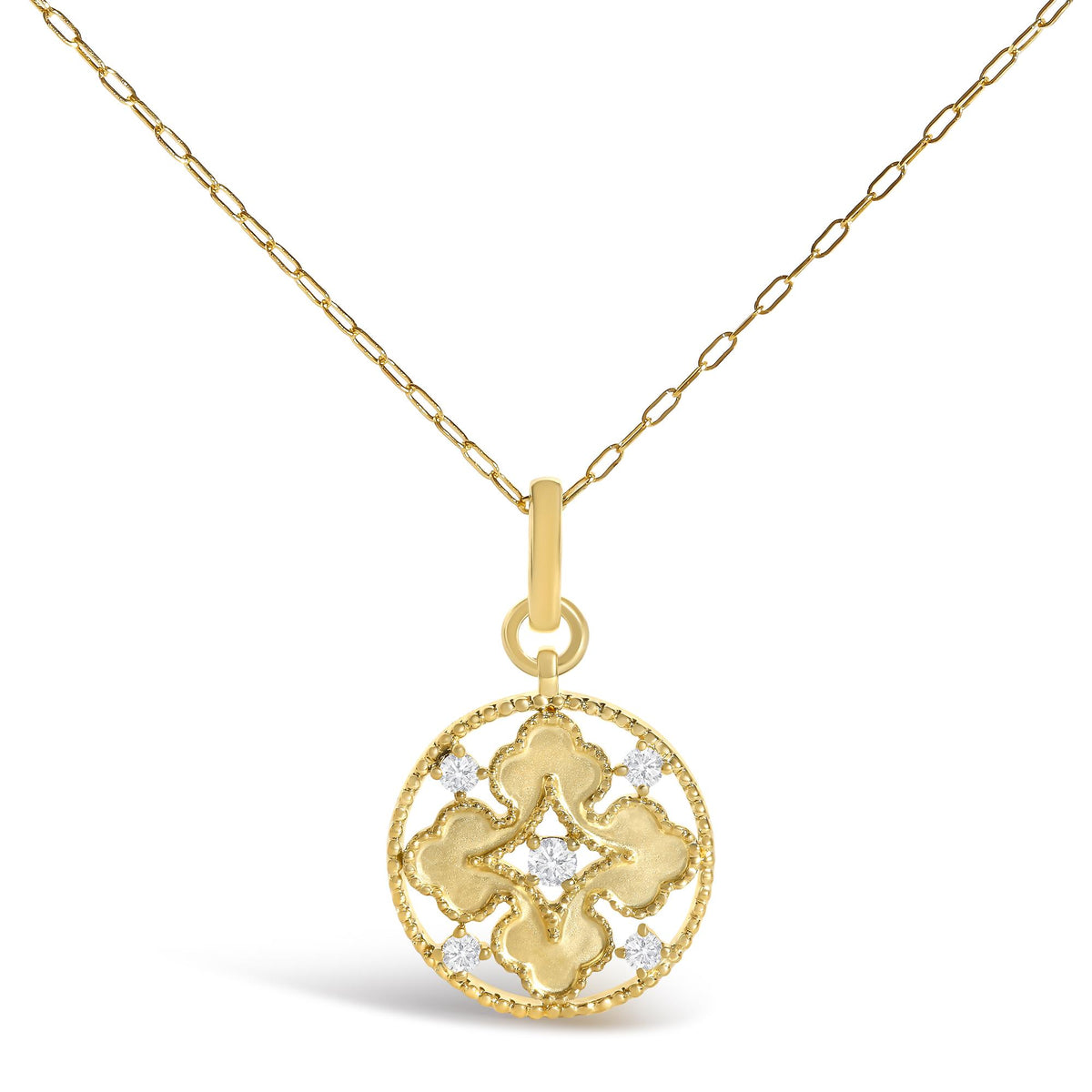 10K Yellow Gold 1/5 Cttw Diamond Openwork Medallion Pendant Necklace