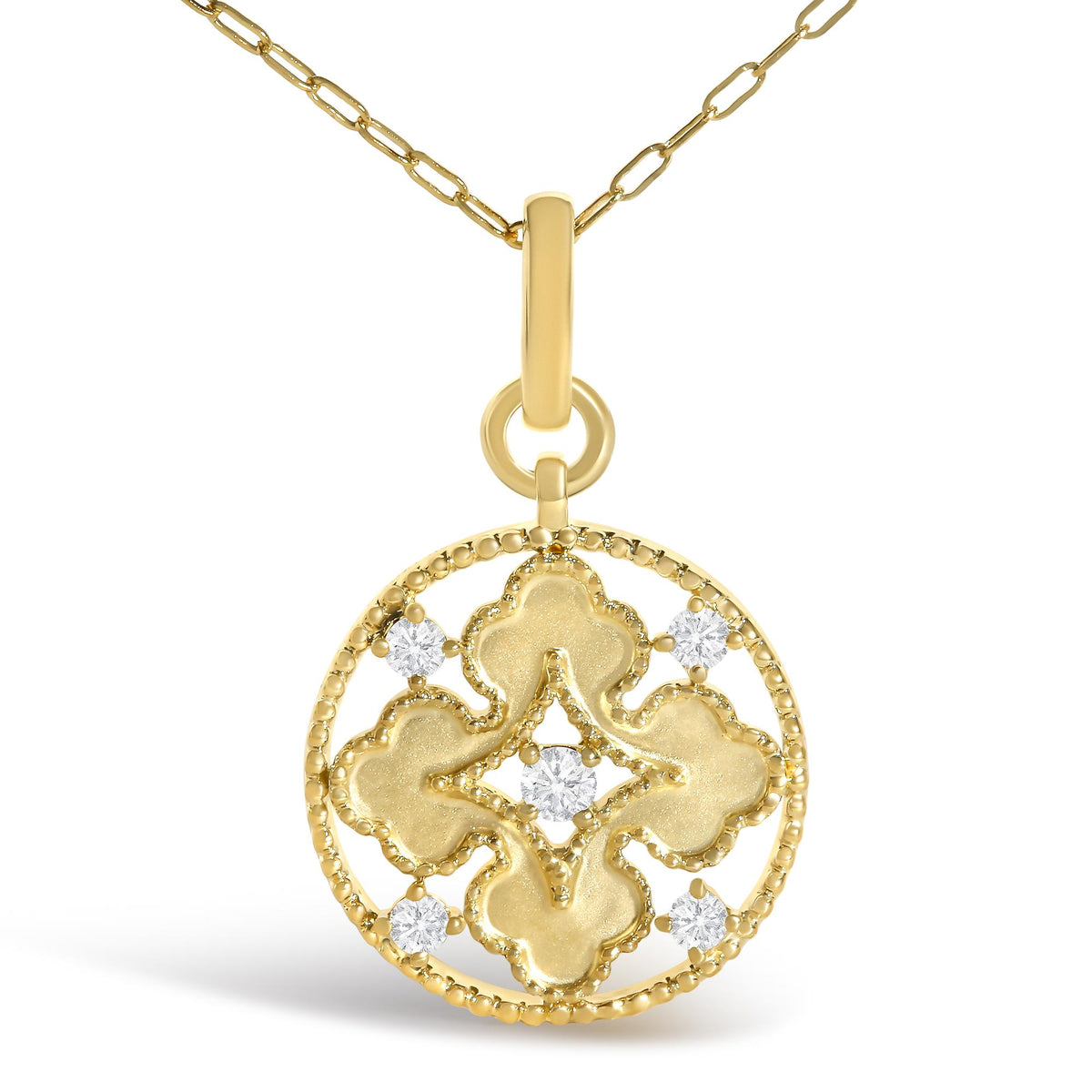 10K Yellow Gold 1/5 Cttw Diamond Openwork Medallion Pendant Necklace