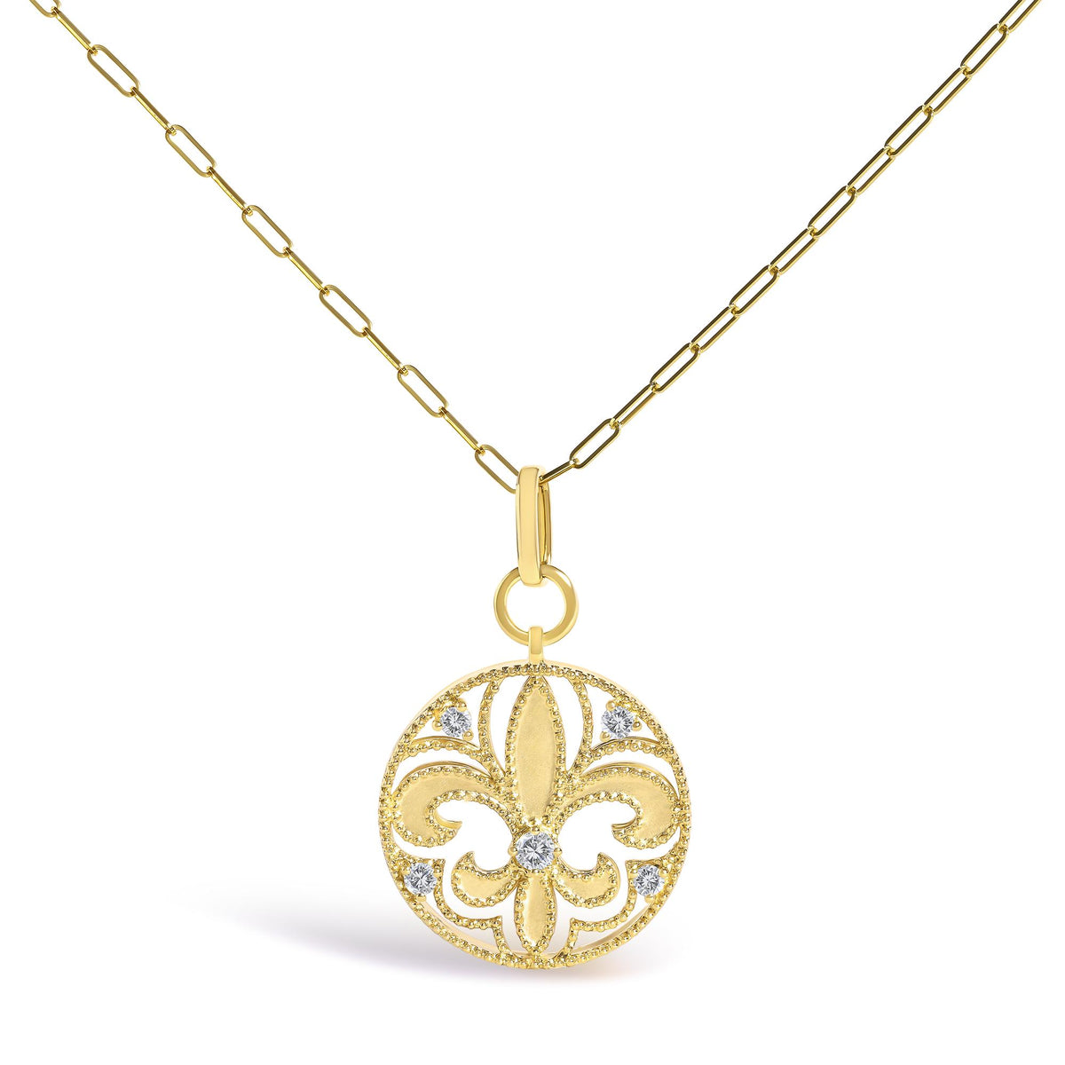 14K Yellow Gold 1/4 Cttw Round Diamond Openwork Fleur de Lis Medallion Pendant Necklace