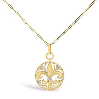 14K Yellow Gold 1/4 Cttw Round Diamond Openwork Fleur de Lis Medallion Pendant Necklace