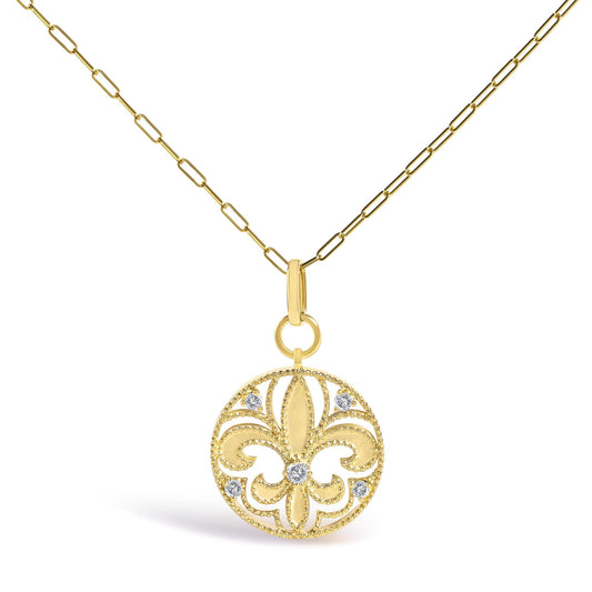 14K Yellow Gold 1/4 Cttw Round Diamond Openwork Fleur de Lis Medallion Pendant Necklace