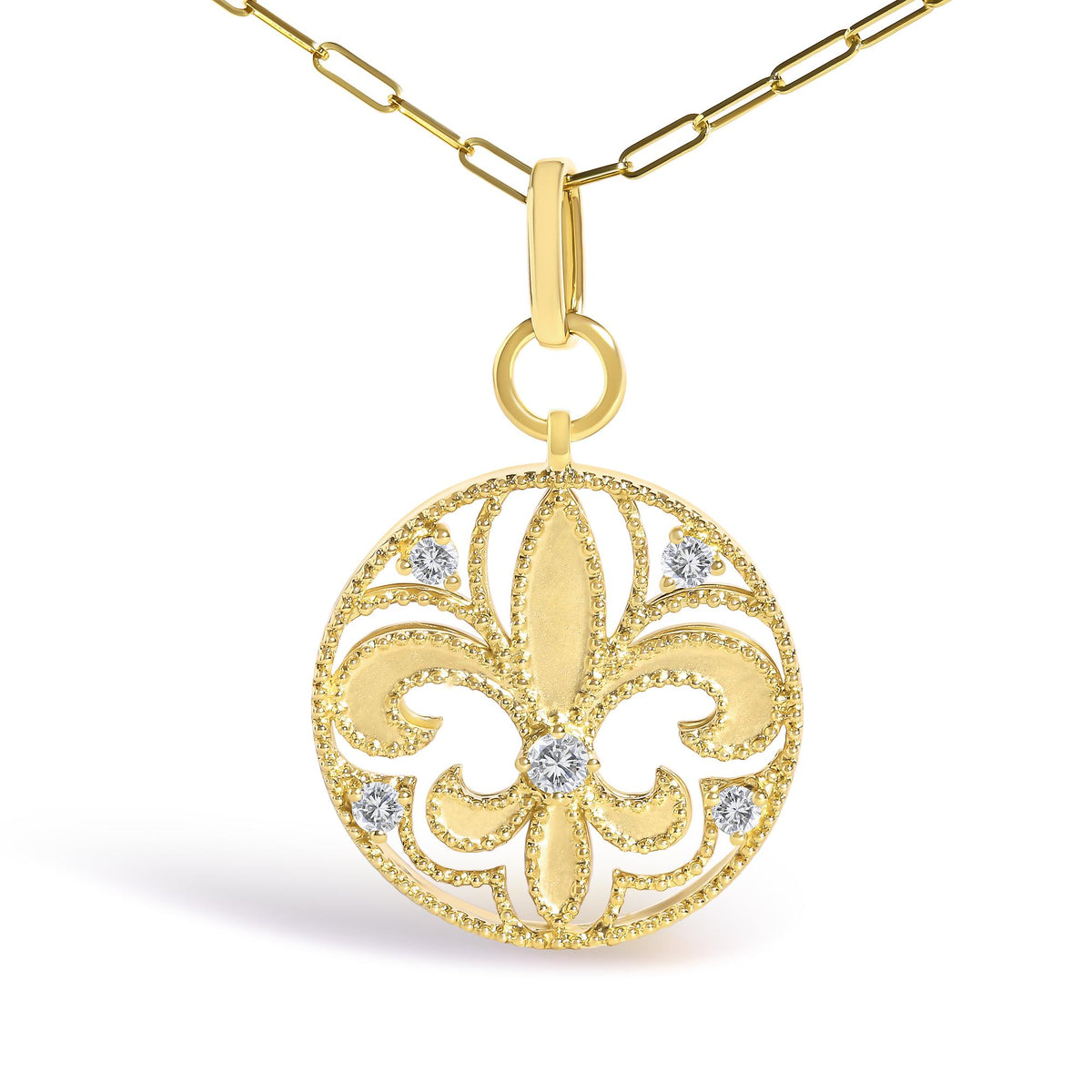 14K Yellow Gold 1/4 Cttw Round Diamond Openwork Fleur de Lis Medallion Pendant Necklace