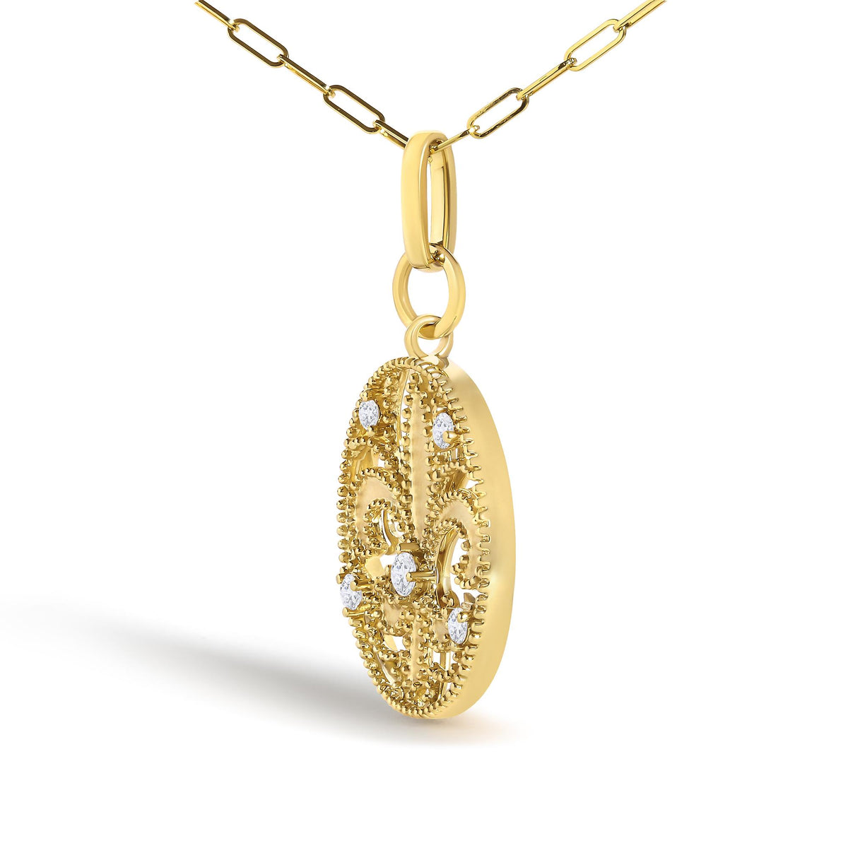 14K Yellow Gold 1/4 Cttw Round Diamond Openwork Fleur de Lis Medallion Pendant Necklace
