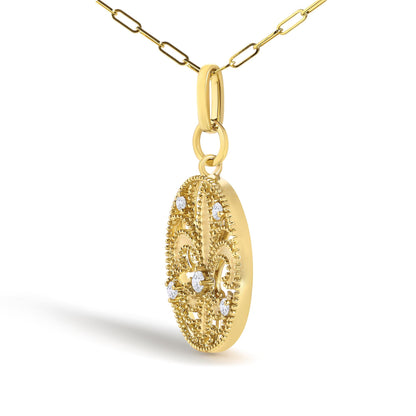 14K Yellow Gold 1/4 Cttw Round Diamond Openwork Fleur de Lis Medallion Pendant Necklace