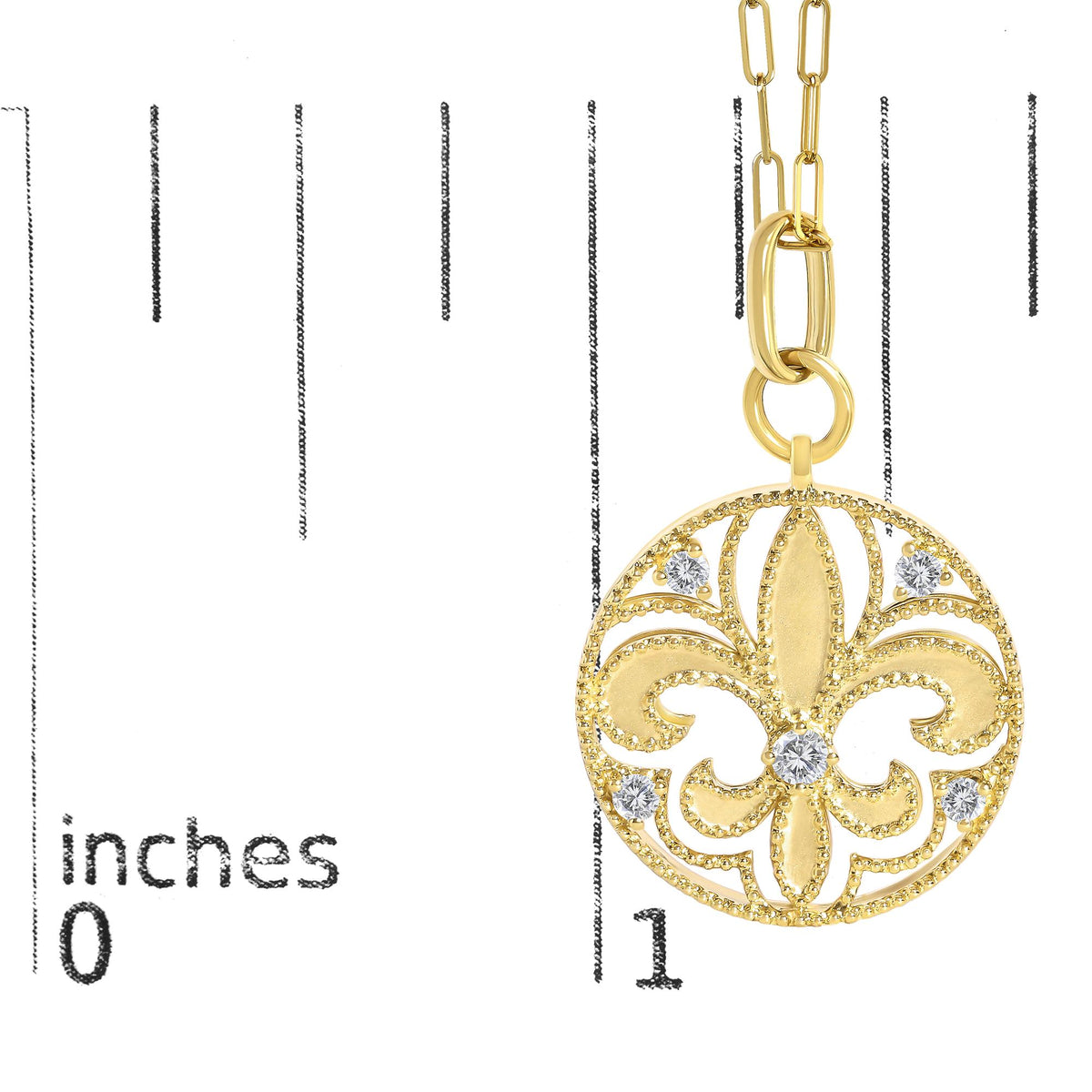 14K Yellow Gold 1/4 Cttw Round Diamond Openwork Fleur de Lis Medallion Pendant Necklace