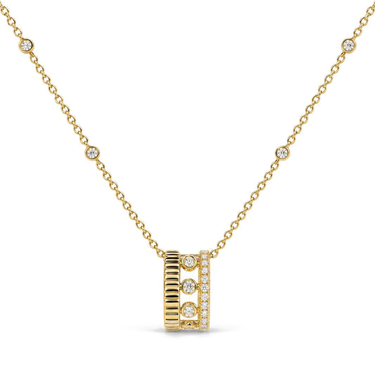 Front view of 10K yellow gold diamond three-row circle pendant necklace showcasing the chain and pendant on a white background