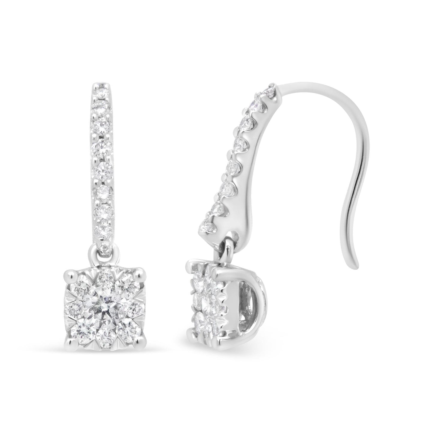 Front and side view of white metal earrings with round white gemstones in prong and pave settings.