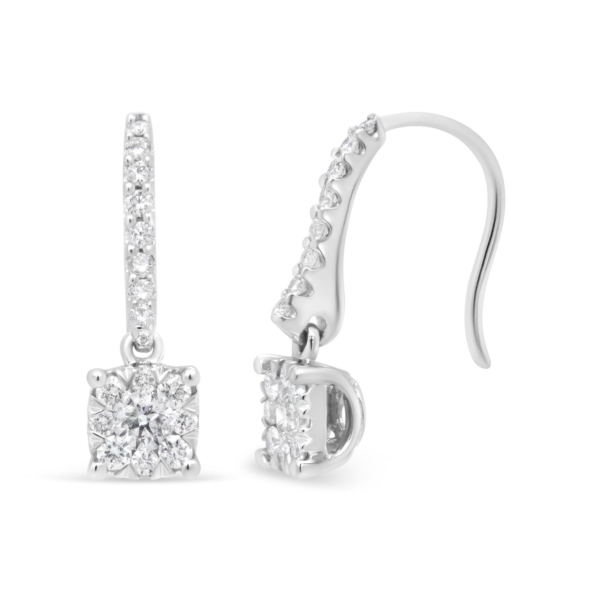 Front and side view of white metal earrings with round white gemstones in prong and pave settings.