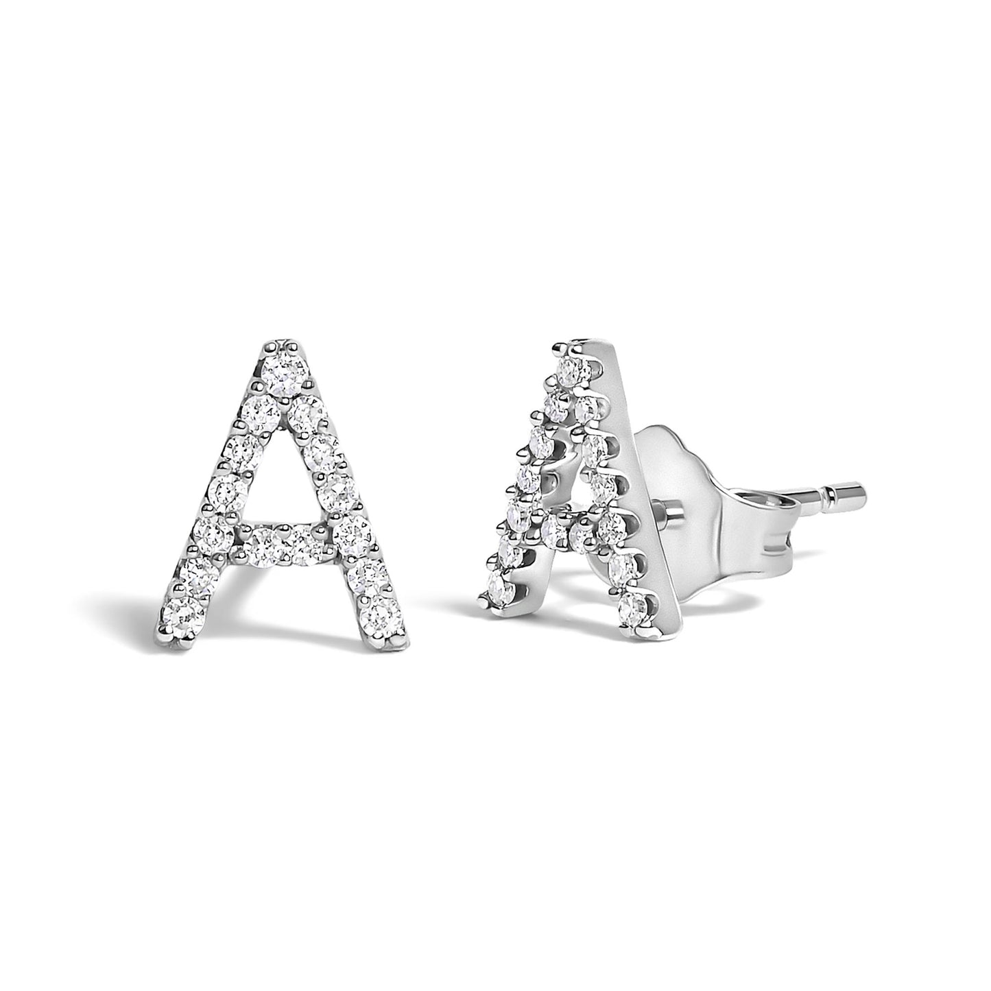 Pair of white metal stud earrings shaped as the letter A, adorned with round white gemstones in a micro-pave setting, shown from a front and side angled view on a white background.