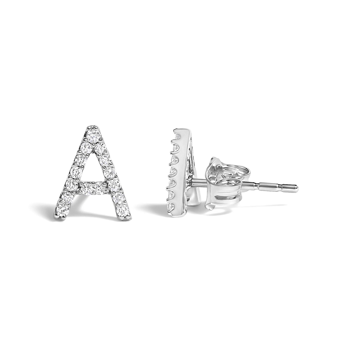 Pair of white metal stud earrings shaped like the letter A with round white gemstones in micro-pave setting, shown in a front and side angle on a white background.