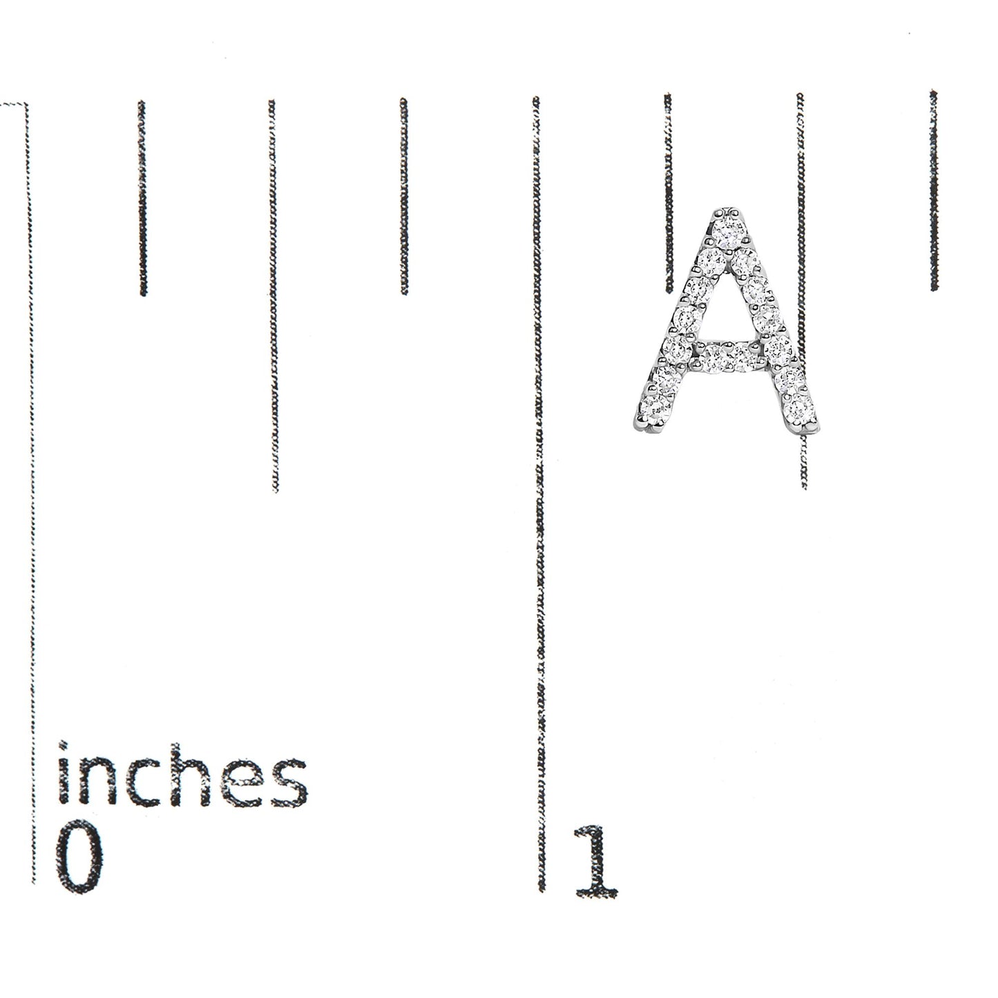Close-up front angle of a white metal letter A earring with round white gemstones in a micro-pave setting, shown on a scale.