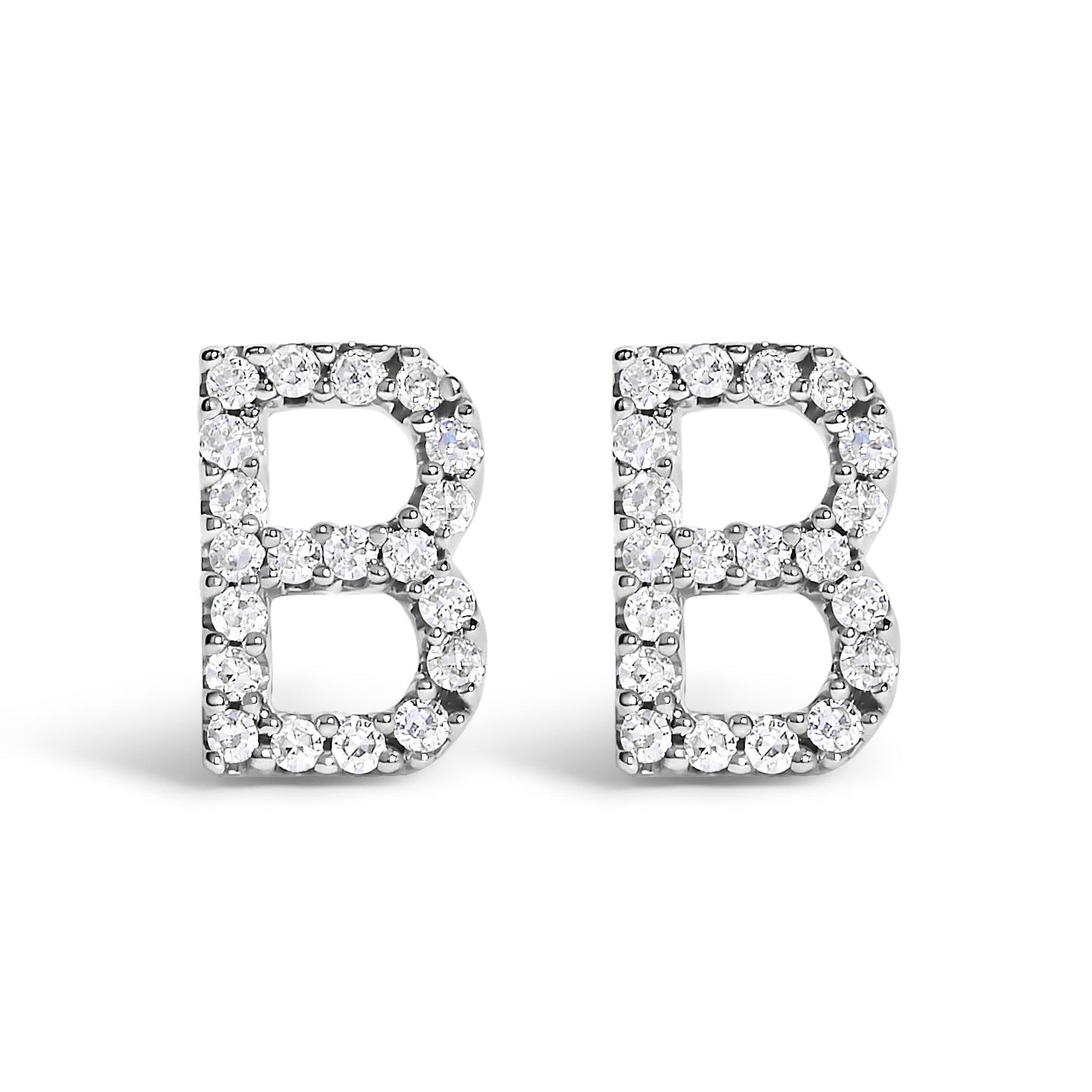 Front view of white metal earrings shaped as the letter B, adorned with round white gemstones in a micro-pave setting.