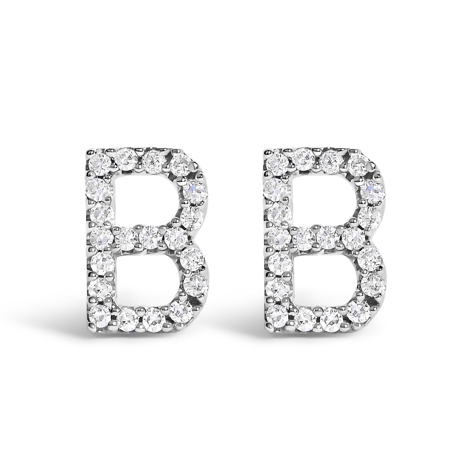 Front view of white metal earrings shaped as the letter B, adorned with round white gemstones in a micro-pave setting.
