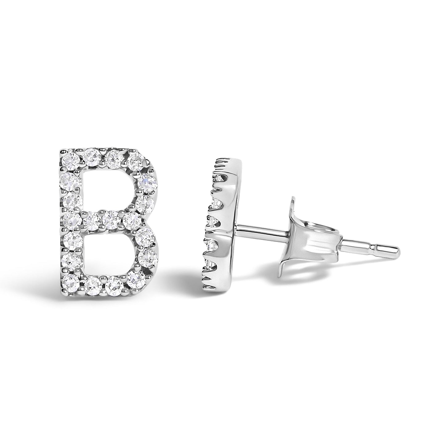 Close-up side and front angled shot of white metal stud earrings shaped like the letter B, featuring round white gemstones in a micro-pave setting.