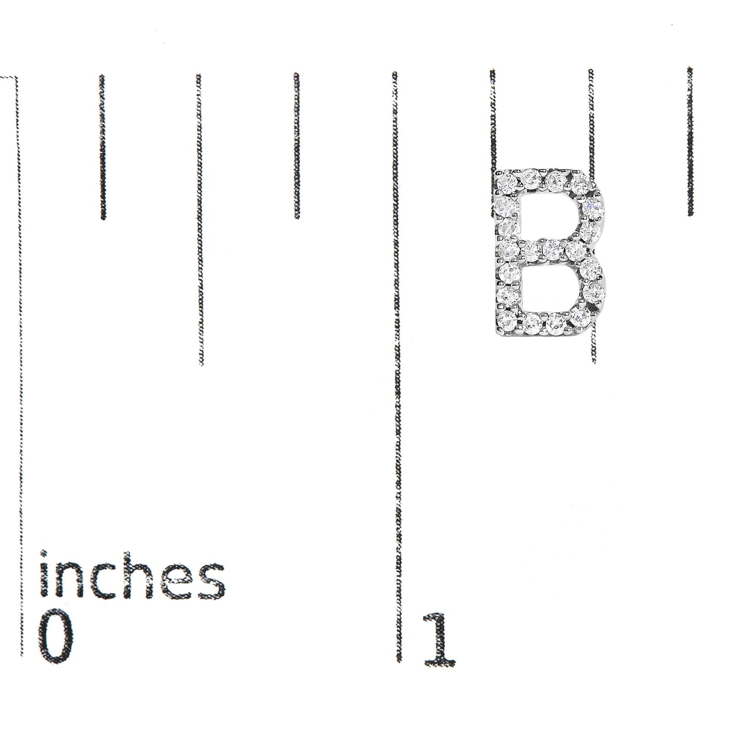 Close-up front view of a white metal earring shaped like the letter B, encrusted with round white gemstones in a micro-pave setting, shown on a measurement scale.