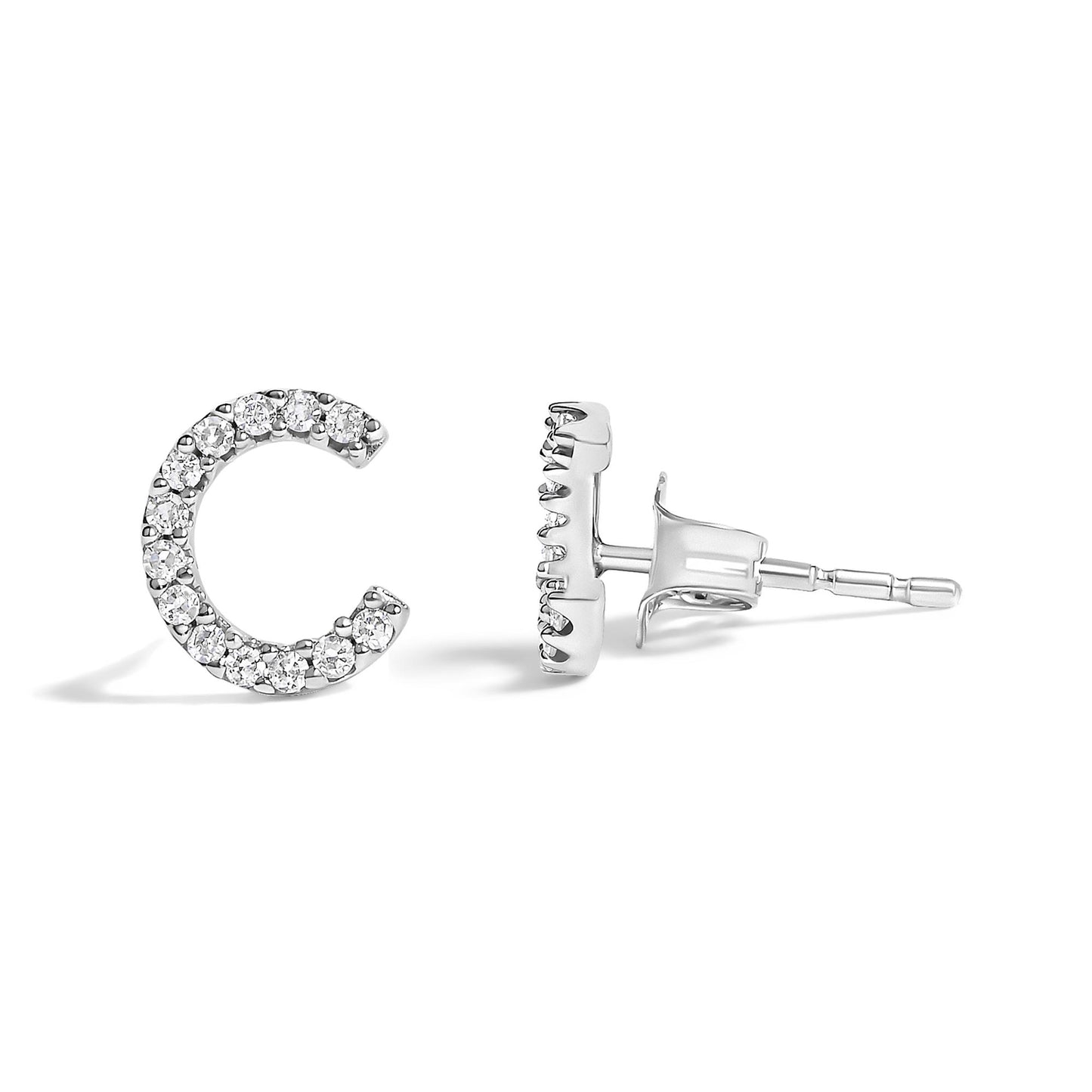 Pair of white metal crescent-shaped stud earrings with round white gemstones in micro-pave setting, shown in a side and front angle on a white background.