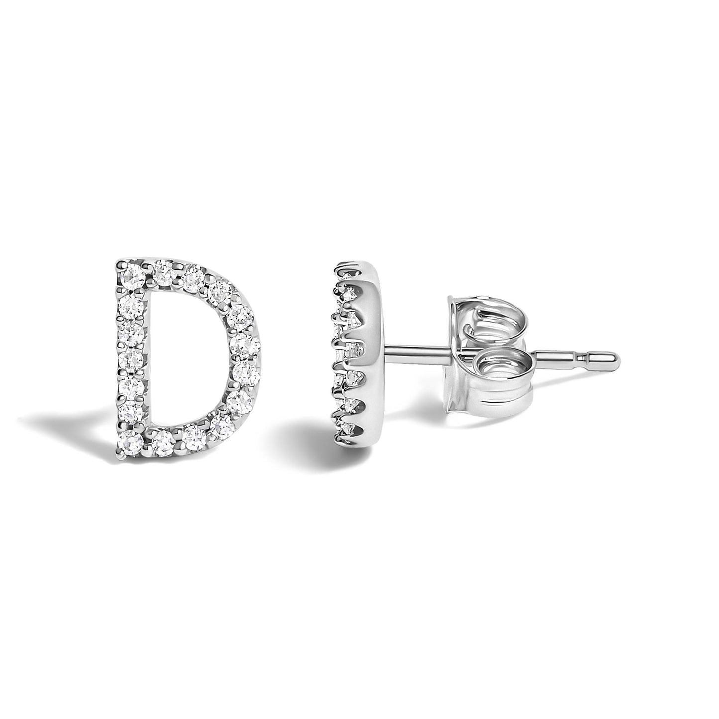 Close-up front and side view of white metal stud earrings shaped as the letter D, encrusted with round white gemstones in a micro-pave setting.