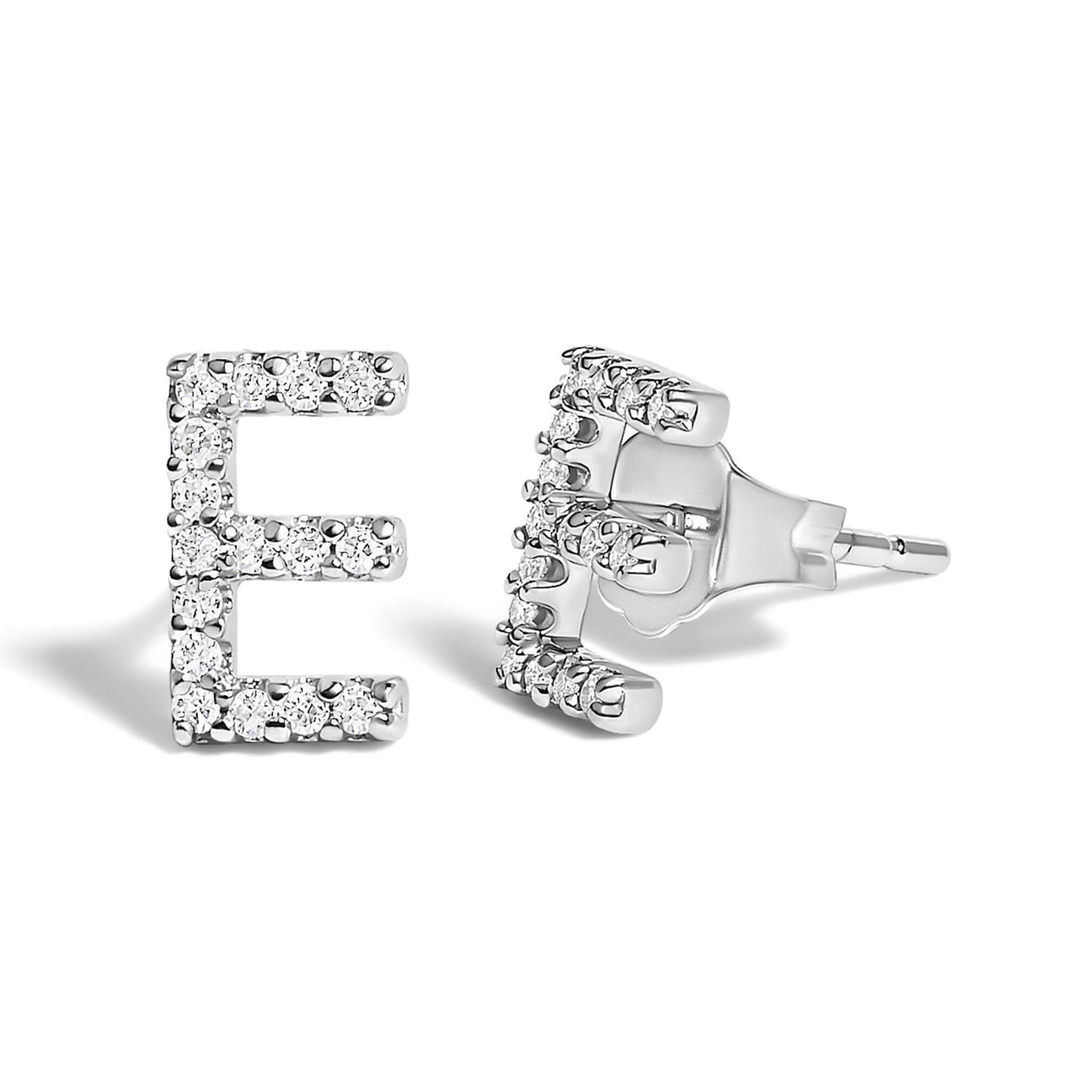 Pair of white metal stud earrings shaped like the letter E, each adorned with round white gemstones in micro-pave setting, shown from front and side angles on a white background.