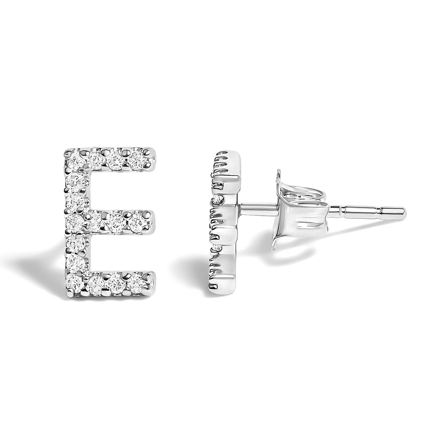 Close-up front and side view of white metal stud earrings shaped like the letter E, adorned with round white gemstones in a micro-pave setting.