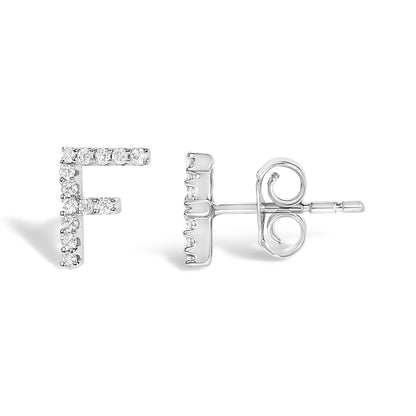 Close-up front and side view of a white metal stud earring shaped like the letter 'F,' adorned with small white gemstones in a micro-pave setting.