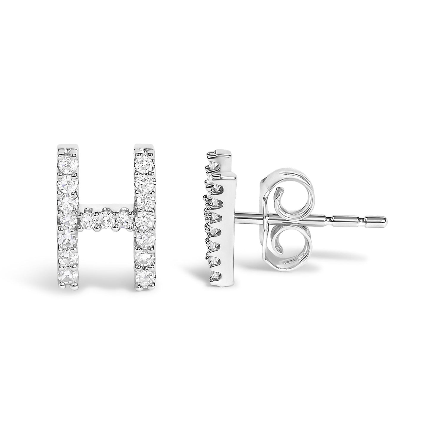 Front and side view of white earrings shaped like the letter H, set with round white gemstones in a micro-pave setting, shown on a white background.