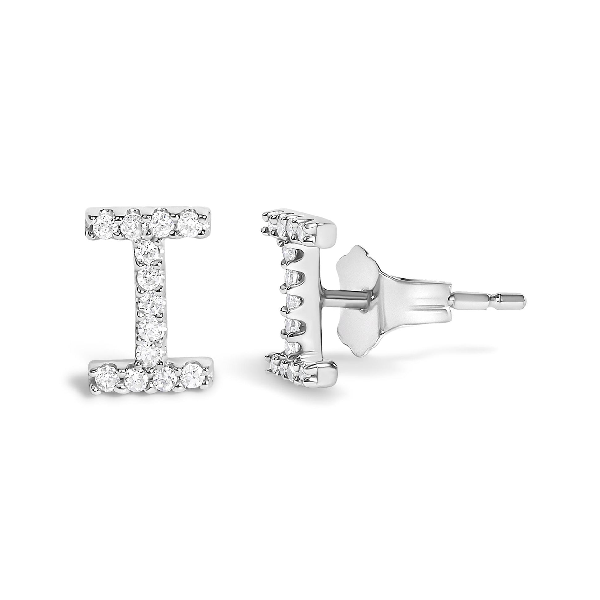 Pair of white metal stud earrings shaped like the letter 'I,' each set with round white gemstones in a micro-pave setting, shown from front and side angles.