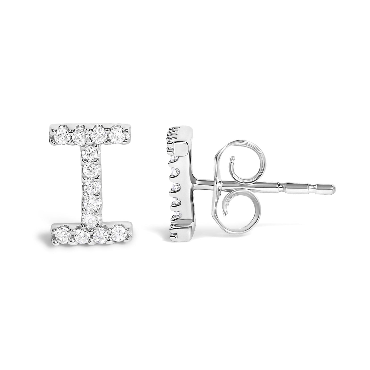 Close-up front and side view of white metal stud earrings shaped like the letter I, set with round white gemstones in micro-pave setting, shown on a white background.