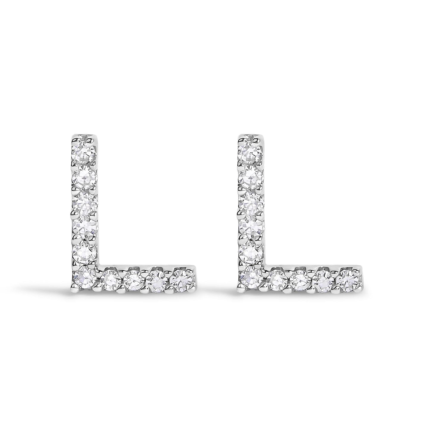 Pair of white metal L-shaped earrings with round white gemstones set in a micro-pave style, shown from the front on a white background.