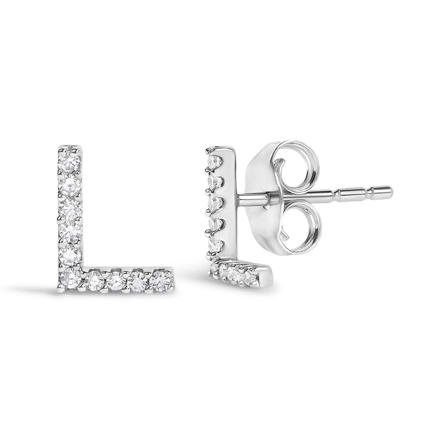 Close-up front and side view of a pair of white earrings shaped like the letter 'L' set with small round white gemstones in a micro-pave setting.